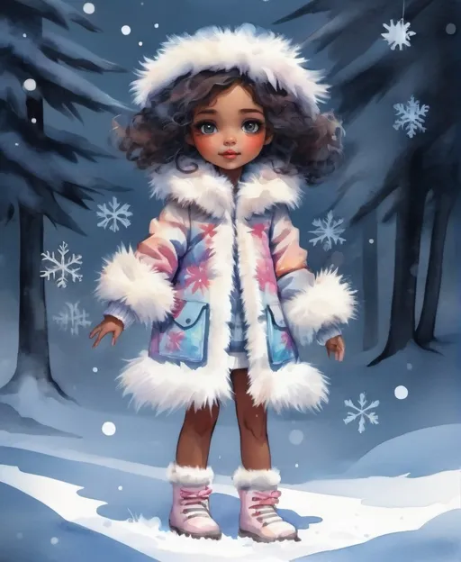 Prompt: young girl, winter outerwear,  very warm fur coat, a lot of details, high quality, standing straight, arms to the sides, paper doll, watercolor,