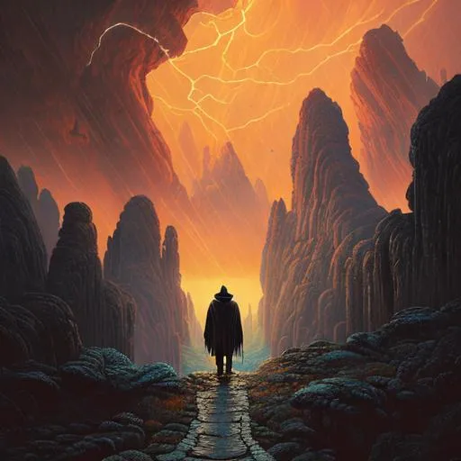Prompt: ultra detailed Ancient rockey landscape, other worldly, style: Robert S. Duncanson painting, subject:  man walking down a path, close to camera, looking at horizon in background, wearing dark robes, windy, ominous black tower ahead, rocky, there's a sunset on horizon but a bad storm cell rages ahead, octane render, unreal engine 5, blender render, light rays, bokeh.