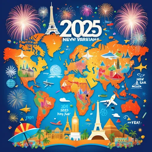 Prompt: A colorful world map as the background or a collage of famous landmarks (Eiffel Tower, pyramids, tropical beaches, snowy peaks).
Elements like airplanes, cruise ships, and backpacks symbolize travel.
Large, bold text for "2025" glowing with fireworks, confetti, and sparkles.
Headline:
“New Year, New Destinations!”

Subtext: "Let us take you around the world in 2025!"
Design Theme:

Bright blue, gold, and white with festive highlights.
Travel icons like passports, boarding passes, and suitcases subtly integrated.