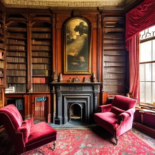 Prompt: Victorian library with velvet curtains, rich carpets and a crackling fire.