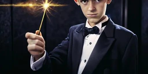 Prompt: 13 year old boy in a tuxedo casting a crazy magic spell from the outside of a bathroom stall with his magic wand, but the spell he cast happens on the inside of the bathroom stall because he cast the spell on the person inside who was warring a T shirt 
