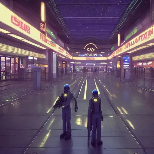 Prompt: python security guards in a busy alien mall, widescreen, infinity vanishing point, galaxy background, surprise easter egg