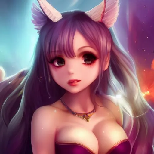 Prompt: Cute and adorable demon girl, fantasy, dreamlike, surrealism, super cute, adorable, round, trending on artstation, stars and galaxys digital art soft, g cup chest, bra, close-up, upper body