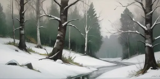 Prompt: painting of trees covered in snow, in the style of grigory gluckmann, Norwegian nature, uhd image, abigail larson, realistic landscape, traditional oil painting, green and gray -- ar 4;3