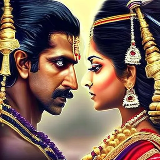 Prompt: Create an image of an Indian women and an Indian man fighting each other with swords and looking into each other's eyes. They should both be in royal Indian attire. The man should be based off of Indian actor Hrithik Roshan and the women should be based off on Indian actress Kajal