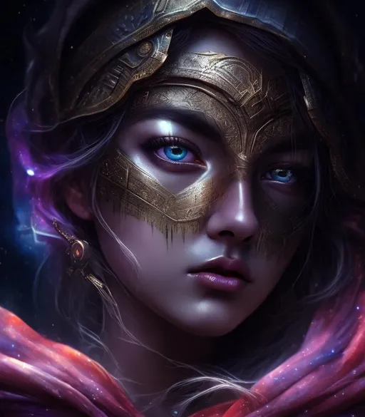 Prompt: Heroic, Epic, Stunning, Vivid, 3D HD dramatic cinematic [({one}{(Beautiful Melancholy {goddess}female silk, Beautiful big reflective eyes}, expansive Cosmic background, hyper realistic, 8K --s98500