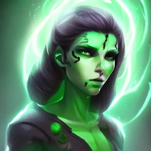 Prompt: Female earth genasi druid, black hair, pale skin, glowing eyes, green tattoos
