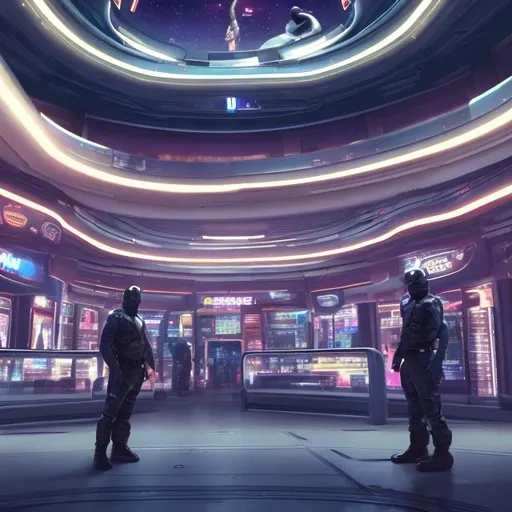 Prompt: snake security guards in a busy alien mall, widescreen, infinity vanishing point, galaxy background, surprise easter egg