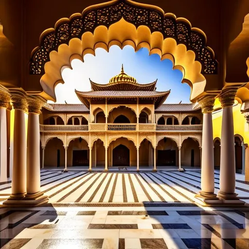 Prompt: Create a palace courtyard with golden details, external view, seen from the backyard horizontally,  in a front view, cinematic light, front angle view, UHD, HDR, 8K, ((Masterpiece))
