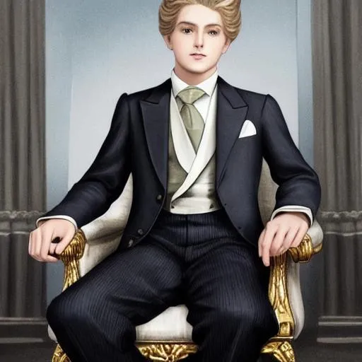 Prompt: {{{the highest quality concept art masterpiece full body view}}}}, ((full body)) Insanely detailed photograph of a very beautiful 15-year-old blonde stylish shy timid anxious young prince sitting on a 19th century throne, royal vibes, schoolboy, private school uniform,  long striped tie, tight jacket, trousers, , realistic, cinematic, intricate and hyperdetailed, fantasy art, album cover art, 3D soft lighting, Eye-contact, hyperdetailed attractive face and nose, perfect face, perfect body, perfect anatomy, hyperdetailed beatiful hair, hyperdetailed lips