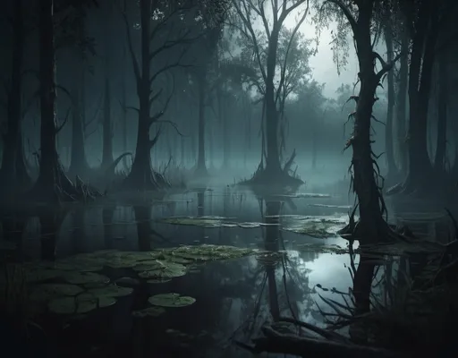 Prompt: Weathered swamp in a dark forest, eerie atmosphere, realistic reflections, high res, gloomy mood, Warhammer fantasy RPG style, realistic, detailed foliage, murky water, haunting, misty, atmospheric lighting