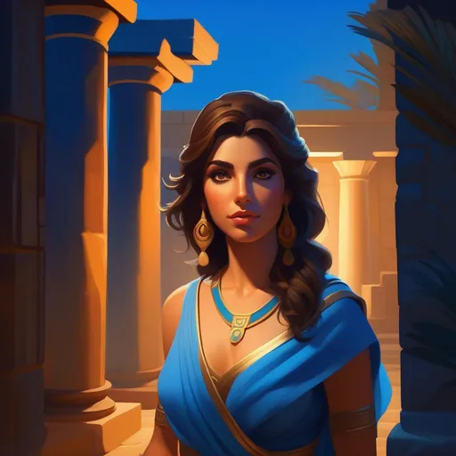 Prompt: Third person, gameplay, Greek girl, olive skin, brown hair, brown eyes, 2020s, Knossos at night, Minotaur in the background, foggy, blue atmosphere, cartoony style, extremely detailed painting by Greg Rutkowski and by Henry Justice Ford and by Steve Henderson 