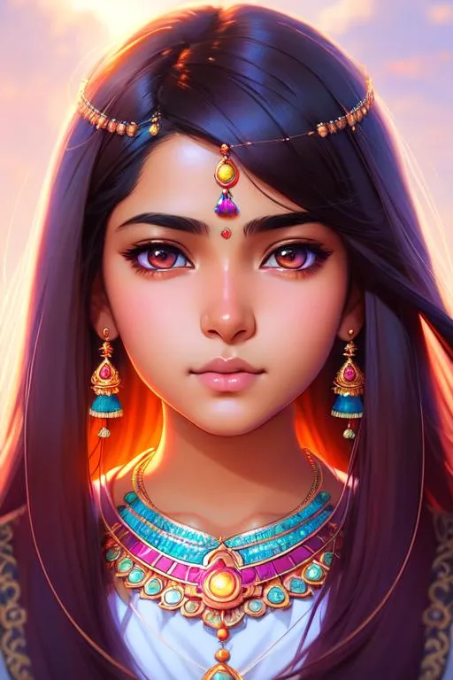 Prompt: Closeup face portrait of a 16 year old Indian female, smooth soft skin, big dreamy eyes, beautiful intricate colored hair, symmetrical, anime wide eyes, soft lighting, detailed face, by makoto shinkai, stanley artgerm lau, wlop, rossdraws, concept art, digital painting, looking into camera