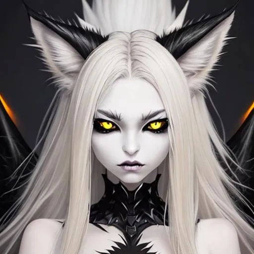 Prompt: full body pose , demon girl, black sclera, yellow cat eyes, big gray lynx ears, big wide blonde spiky fluffy  long hair, pale skin, sharp jaw, hyperrealistic eyes, hyperrealistic nose, hyperrealistic lips, ethereal, divine, goddess