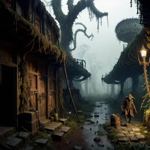 Prompt: dirty, eerie goblins, ragged cloak, belts and pouches, spear,  mossy, decaying, rusty and worn,  intricate detail,  show antennas and wires and circuits, old apocalyptic city wasteland overgrown by oppressive huge forest, vines, plants and roots growing, cracking through walls, 3d render,  high detail, dont show cars,