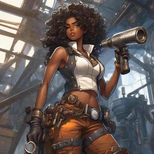 Prompt: Raw, masterpiece, highly detailed anime character design, comic book style, perfectly centered, steampunk female dark skinned engineer with goggles pushed up onto a messy mop of curly hair, Highly detailed body, Perfect arms, Tools dangle from belts, a trusty wrench is clutched in one hand, a mischievous grin, maximum details, highly detailed, sharp focus, intricate details