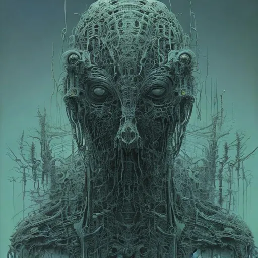 Prompt:  horrifying and scarry robot character in style of zdzislaw beksinski