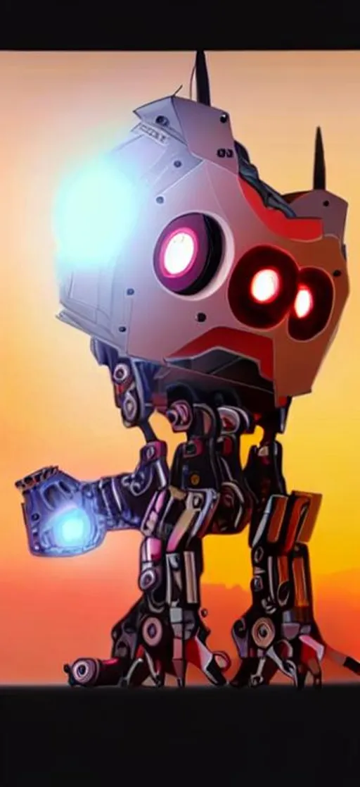 Prompt: a giant mech made out of scrap with glowing eyes digital art full body scary hyper-realistic intimidating 