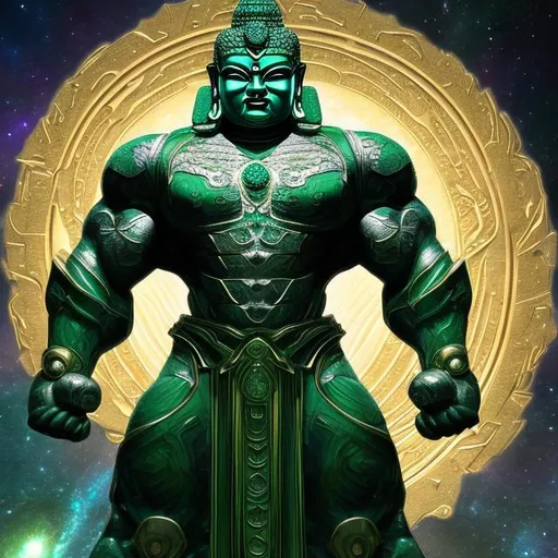 Prompt: emerald armored bodybuilding buddha, widescreen, infinity vanishing point, spiral galaxy background