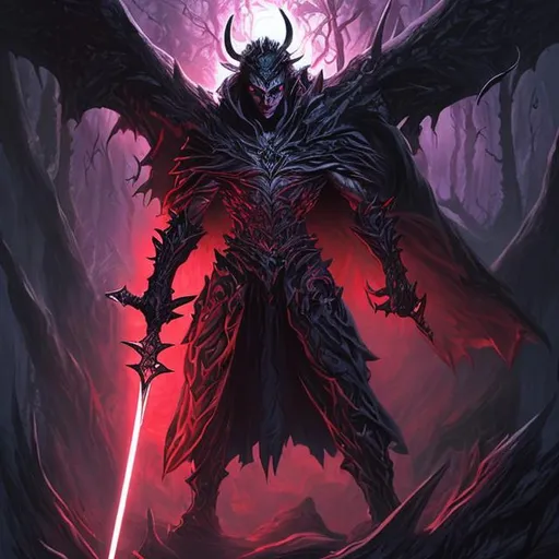Prompt: Illustrate a fearsome, cloaked evil lord with piercing red eyes, standing amidst the darkness of the forest, holding a wickedly enchanted sword that glows with an otherworldly light.