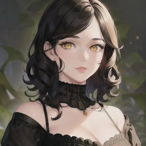 Prompt: (masterpiece, illustration, best quality:1.2), detailed eyes, Victorian style, very short curly all black hair, yellow eyes, wearing black nightgown, best quality face, best quality, best quality skin, best quality eyes, best quality lips, ultra-detailed eyes, ultra-detailed hair, ultra-detailed, illustration, colorful, soft glow, 1 girl
