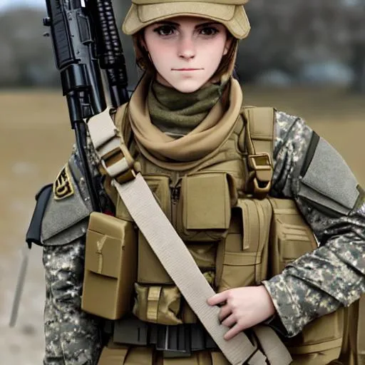 Prompt: emma watson, military soldier, infantry, brown uniform, special forces, tactical, tan hijab, heavy ruck sack, comms, scifi

