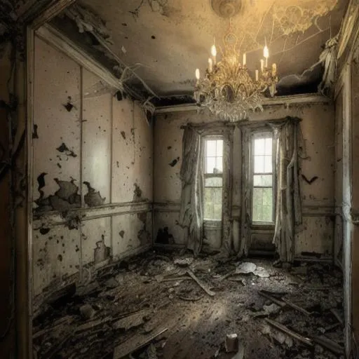 Prompt: "abandoned house, with a ghost figure, cobwebs, chandelier, dust, high resolution scan, professional, highly detailed"