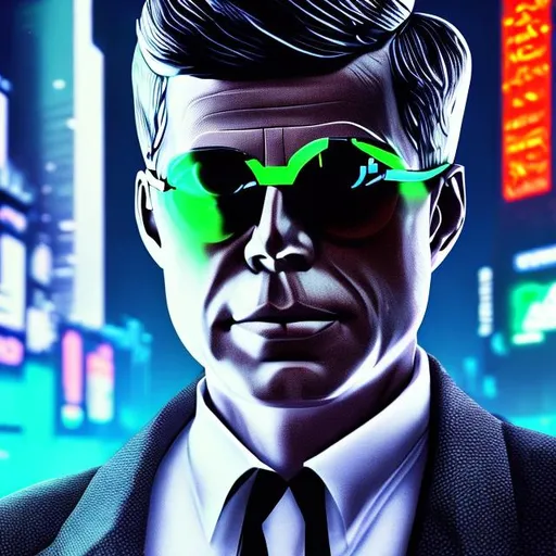 Prompt: JFK wearing neon sunglasses, neon theme, cyberpunk, ultra high detail, lighting, shaders