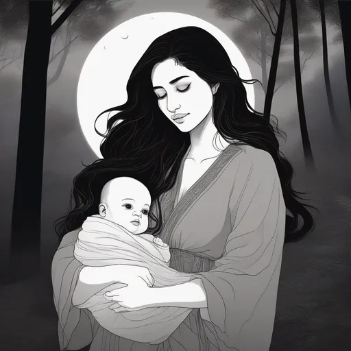 Prompt: highest quality anime art masterpiece, digital drawing, Azerbaijani woman with long black thick wavy messy hair:vistani, carrying a bald headed shaved trimmed newborn baby boy in her arms, round face, broad cheeks, sad in a forest on a dark foggy night, big brown eyes, tanned skin:2, waxing moon, huge long wide broad hooked greek aquiline algerian oriental arabic nose, flat chest, ethereal, jewelry set, highres, realistic, highly detailed, fantasy, gypsy, roma, D&D, Ravenloft, by Ilya Kuvshinov