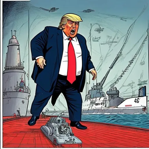 Prompt: Obese Trump shouting in front of a nuclear submarine in drydock, stars and stripes, dark-blue suit, too long red tie to the floor, u-boat scene, muted gloomy colored, Sergio Aragonés MAD Magazine cartoon style