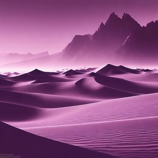 Prompt: concept art, fantasy, thick sandstorm grain filter, "Warlocks and Warriors" Sprague de Camp style, purple sand dunes, purple rock crags