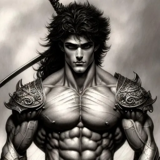Prompt: fantasy art, Luis Royo, Amy Sol style, intricate, hyper-detailed,  bare chested strong muscular, attractive male bodybuilder, male warrior character, muscular jawline, angelic face, beautiful, masculine face, full body pose, muscular legs, high resolution, leather Pteruges  detailed images, clear sharp resolution, short hair, no-armor, barbarian, sword, weapon, greatsword