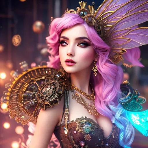 Prompt: ultra realistic illustration of steampunk magical fairy, industrial, factory, magic spells, special effects, lenses, colorful lights, intricate, elegant, highly detailed, digital painting, artstation, concept art, smooth, sharp focus, illustration, aesthetic, soft, wild pink hair, 8k, hyper realistic, UHD