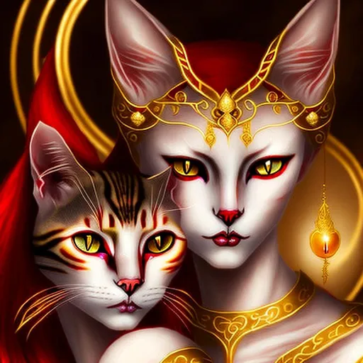 Prompt: hauntingly beautiful portrait of a beautiful goddess , woman cat goddess , wearing gold magical garb, red eyes, crisp portrait,pale ivory skin, slender body, graceful elegance,mesmerizing gaze,Gothic architecture, a faint crimson glow, head in focus