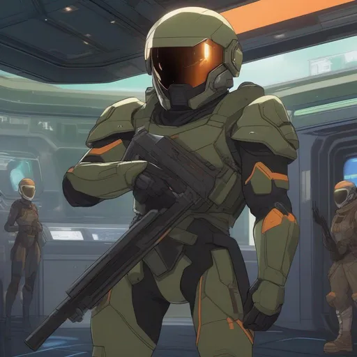 Prompt: Seen from distance. Whole body. Full figure. An african scifi soldier in olive green armor. He has a Destiny 2 helmet. 
He wields a rifle. In background a scifi station in space. Anime. Rpg art. Akira art. 2d art. 2d. 