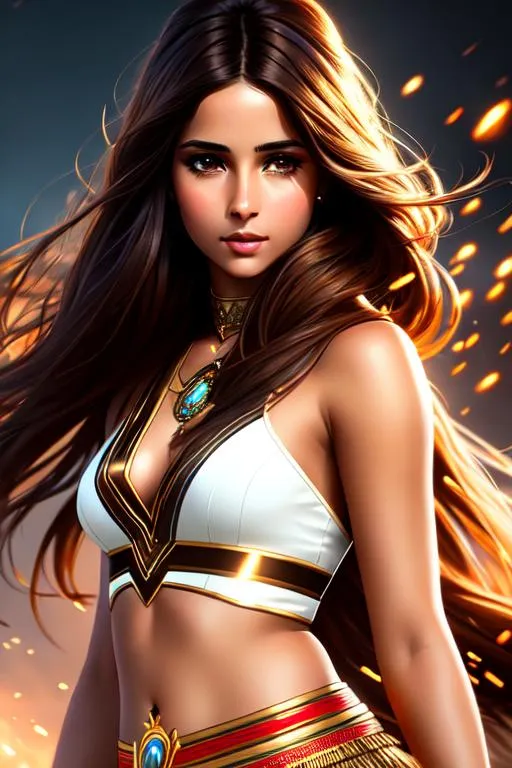 Prompt: portrait of Brown Hair Beautiful naomi scott with Air Magic, parted bangs, Elegant, Romantic, as a tribal warrior, HDR, full body, High Definition, cinematic,  dynamic light, hyperrealism, definition, glowing eyes, facial symmetry  by Ilya Kuvshinov