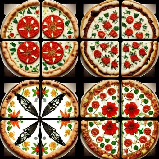 Prompt: A collage of pizza, butterflies and flowers, outside, daytime, background, high quality, trending art, trending on art station, sharp focus, studio photo, intricate details, highly detailed, UHD, HDR, 8K, ((Masterpiece))