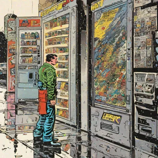 Prompt: Jack kirby comic book art. space man. vending machine. rainy street. 