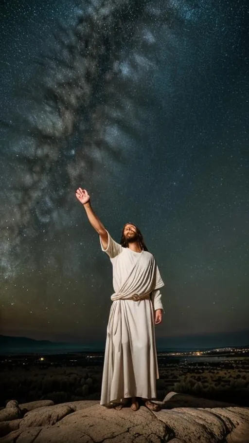 Prompt: Jesus, earth, the space, ultra-wide camera, stars, masterpiece, very beautiful, high resolution, detailed, dreamy atmosphere