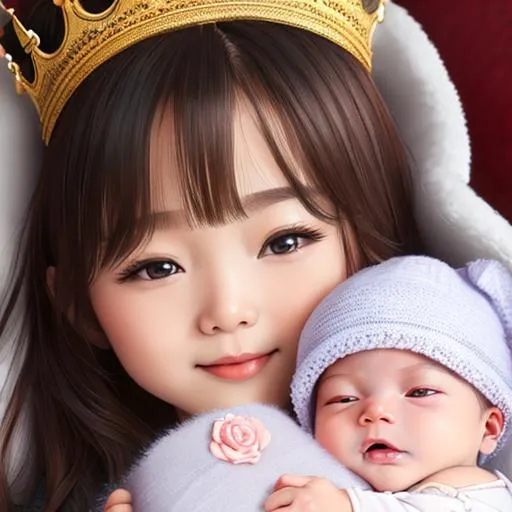 Prompt: Face to face, Child and baby, Laying down in child arms, smiling child, Newborn baby, perfect skin, shiny eyes, tiny eyes, eyes open, corean baby, cute, beautiful, crown, princess, 4K, 16K, highly realistic, extremely detailed, photo realistic, photo quality, full boddy,