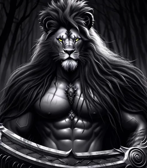 Prompt: Horror, twisted, scary, ominous, cinematic, 3D, HD, freeform dark chaos Beautiful!! {Man}Lion as Barbarian, detailed gorgeous face, Beautiful big reflective eyes, long flowing hair, expansive Jungle background, hyper realistic, 16K --s98500