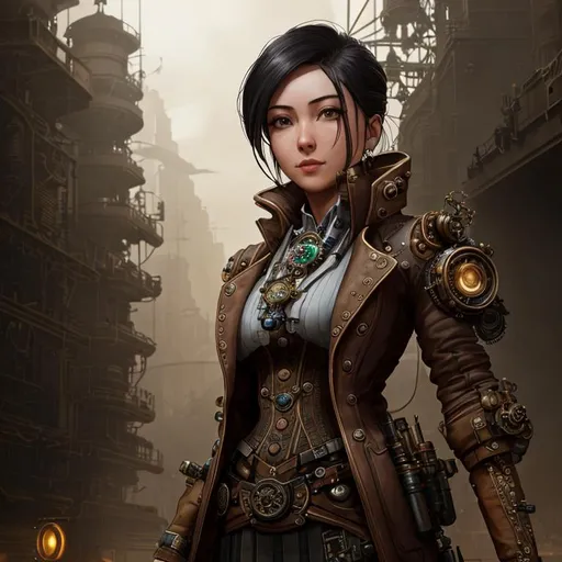 Prompt: steampunk female machinist, mechanical, excited, skirt, symmetrical, perfect composition, hyperrealistic, super detailed, 8k, high quality, Splash art, front, epic Instagram, artstation, hyperdetailed intricately detailed, unreal engine, intricate detail, splash screen, complementary colors, concept art, 8k, heavy strokes, splash arts, full height, full body focus,