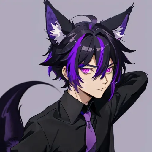 Prompt: Ezra the shadow fox demon is a male demi human with fox like ears and a tail, purple eyes and black primary hair with purple highlights at the tips of his fox ears and tail. Wearing an open faced shirt