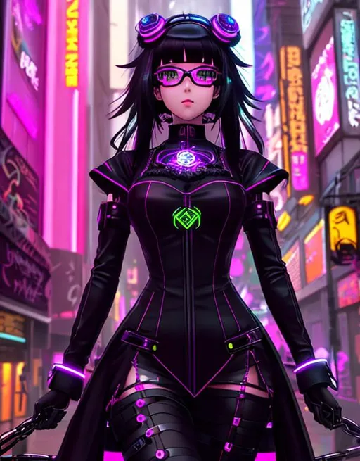 Prompt: anime girl cyberpunk infused gothic Victorian long dress with neon lights circuits wiring, medium chopped black hair with neon framed goggles on top of her head, cyber city in the background 