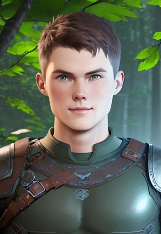 Prompt: Digital art, original DreamShaper model, a 21-year-old viking man, subtle smile, round head, round face, short dark brown hair, brown hair, muscular, viking forest, green gear, silver armor, light green eyes, Tidal Class seal on chest armor, unreal engine 8k octane, 3d lighting.