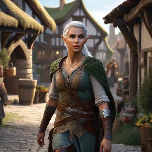 Prompt: D&D half-elf female walking through a village,  highly detailed, professional, render, Sharp focus, HD, UHD, HDR, hyper realistic , 