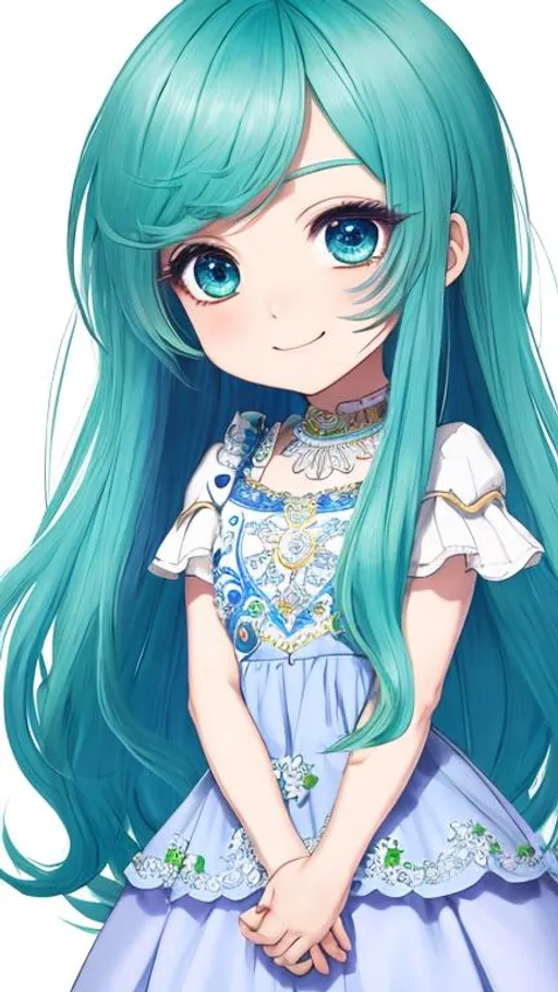 Prompt: masterpiece, (Chibi), blue hair, long hair, green eye, detailed face, happy, highlight eyes, pastel color, anime style, dress, white background, melon