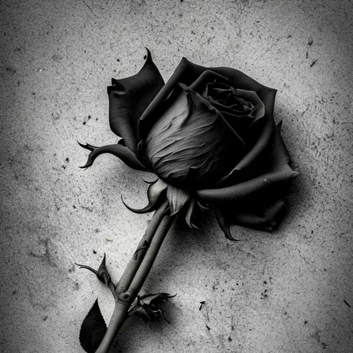 Prompt: A fallen rose with a single stem in a black background 