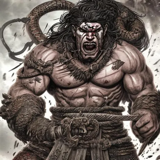 Prompt: A barbarian with long hair who looks like Guts from Berserk screaming.  He is swinging a huge maul, and his arms are covered in tattoos depicting his ancestors killing giant snakes.