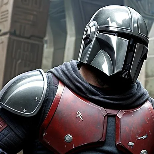 Prompt: He is a 50 year old, stocky, bearded and experienced male with graying hair who looks aggressive. He wears Mandalorian armor